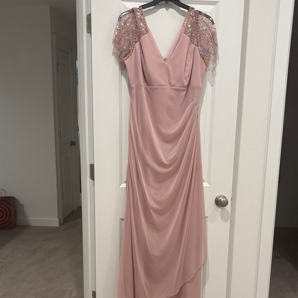 Elegant Pink Evening Gown with Sequin Sleeves